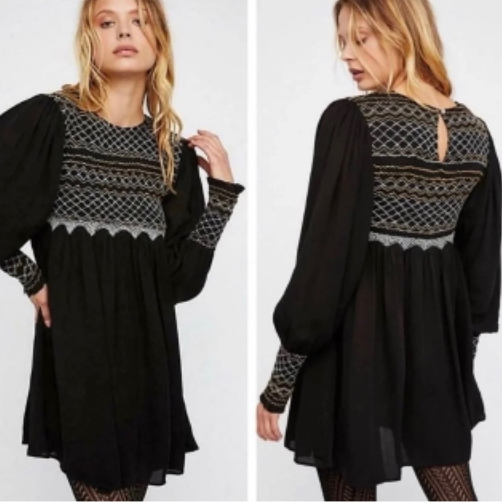 Free People Late Night Picnic Smocked Long Sleeve Mini Dress